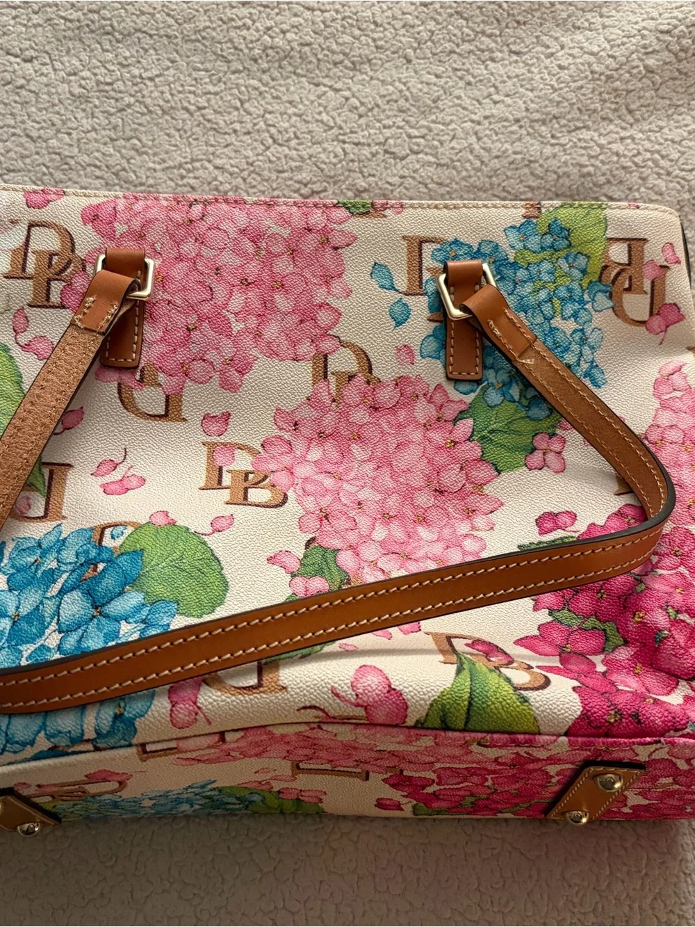 Dooney & Bourke Pink & Blue Hydrangea Logo Tote with Tan Trim